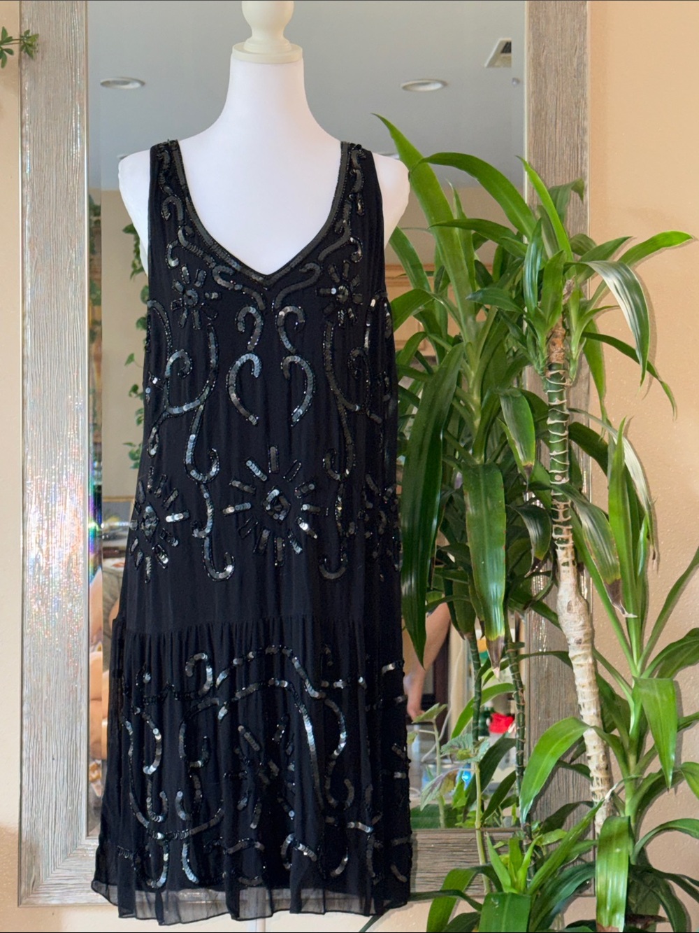 Willow & Clay Black Beaded V-Neck Drop-Waist Dress
